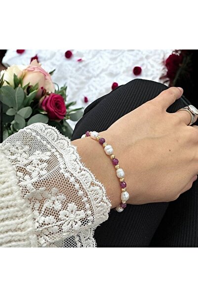 Ezera Elegant Women's Bracelet Munira with Cultured Pearls and Ruby in 925 Si...