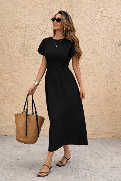 ÇEÇİM Γυναικείο φόρεμα Beli Με σούρες με κοντό μανίκι Midi μήκος μαύρο casual...