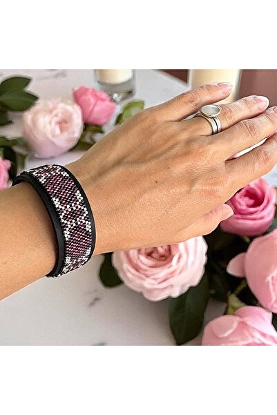 Ezera Brățară Lira Miyuki roz-argintie pe suport de piele, 18 cm