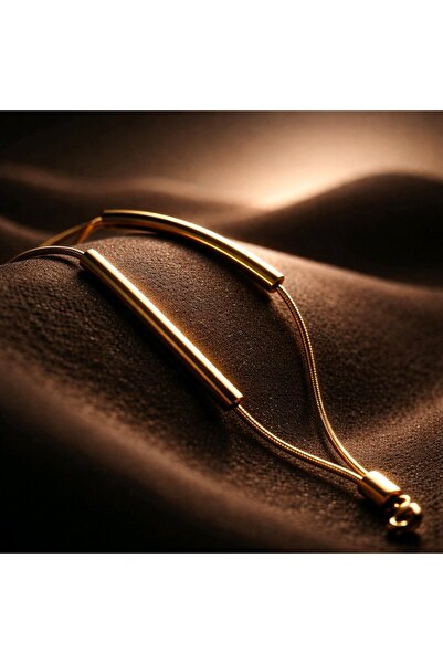 stainless steell Steel Gold Double Chain Tube Detailed Women's Bracelet 17+5 cm