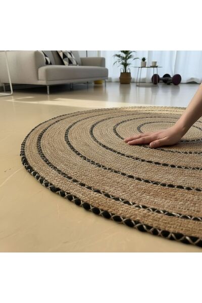 Polipropilen Modern Yuvarlak Jüt Görünümlü Mutfak Salon Halısı - 100 cm Çap