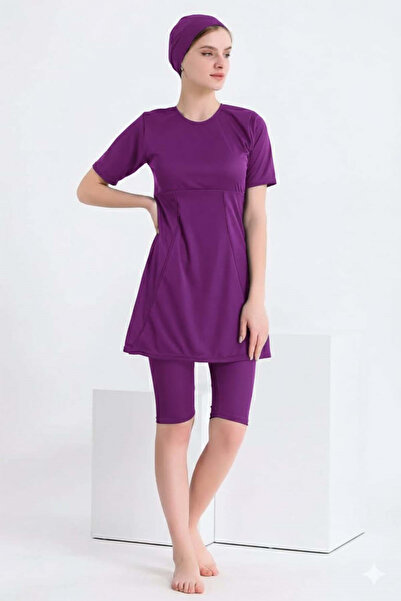 Swana Plus Size Women's Purple Half-Sleeve Semi-Hijab Swimsuit with Skirt - A...