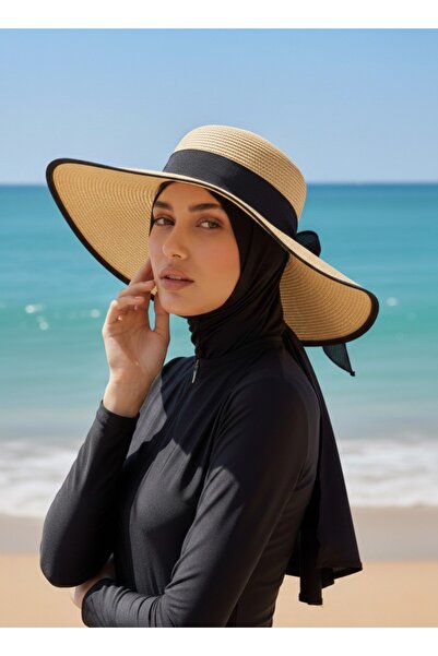 trendlina Large Size Elastic Straw Hat with Ribbon