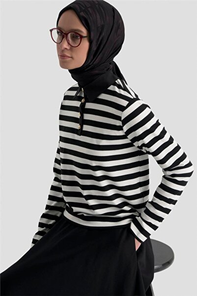 Armine Çizgili Yakalı Badi Beyaz