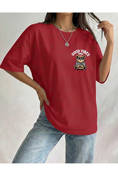 BUWOM Kadın Good Vibes Only Bisiklet Yaka T-shirt