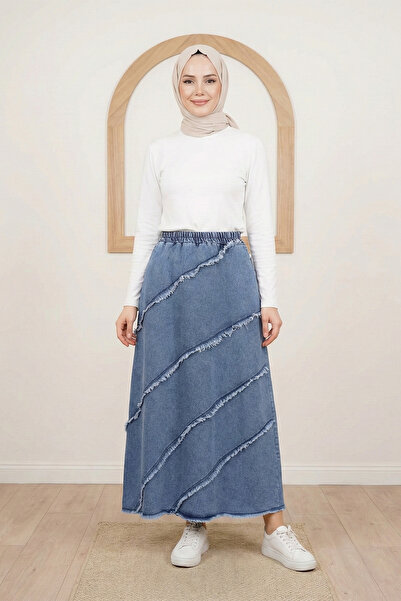 Kirazgym Women's Tassel Detailed Elastic Waist Hijab Long Denim Skirt - Indigo