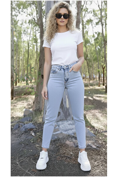 SHEVEGA Ice Blue Lycra Flexible Ice Snow Wash Boyfriend Mom Jean