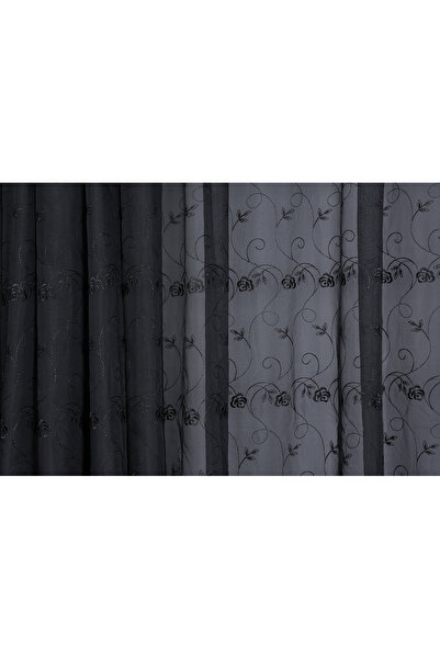 AKÇA TEKSTİL Brode 2350 Desen Black Color Single Wing Ready-Made Pleated Back...