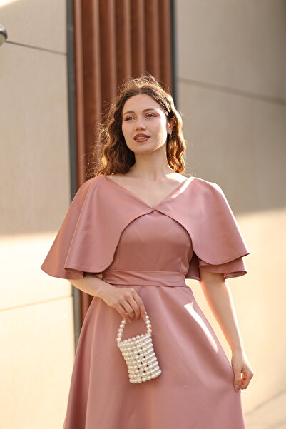 SEVGİHELLAÇ VERA Kadın Pelerinli Gül Kurusu Midi Boy Kloş Abiye Elbise