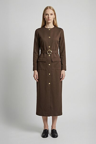 Rays 8258A فستان بجيوب وأزرار باللون البني