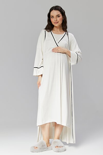 Rimel Homewear Women's Ecru Maternity Nightgown and Dressing Gown Set with Nu...