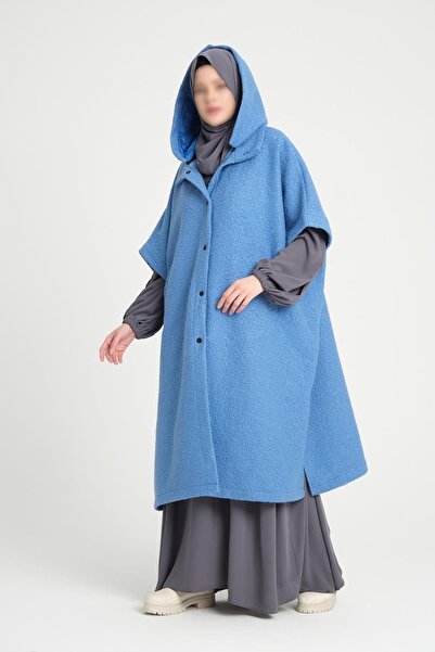 ZESA TASARIM Hakim Yakalı Mavi Kıvırcık Kaşe Kışlık Panço 110 cm