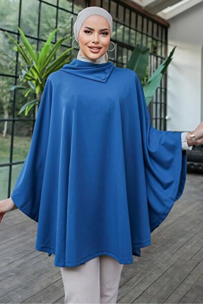 Kanonik Education Stylish Designed Blue Shawl Collar Poncho with Button Detail