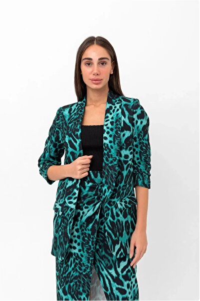 Swass Mia Sleeveless Gathered Patterned Blazer Jacket Green Leopard