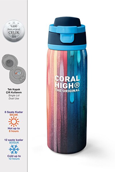 Coral High Navy Blue Colored Steel Thermos with Straw and Direct Drinking Fea...