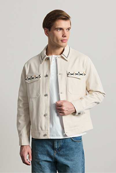 Danger Men's Embroidered Denim Jacket Beige
