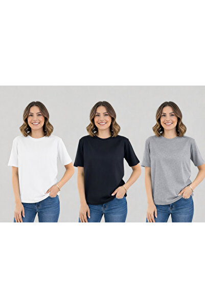 Sibel Günay Butik Γυναικείο μπλουζάκι 3-pack με λαιμόκοψη 100% βαμβακερό μαύρ...