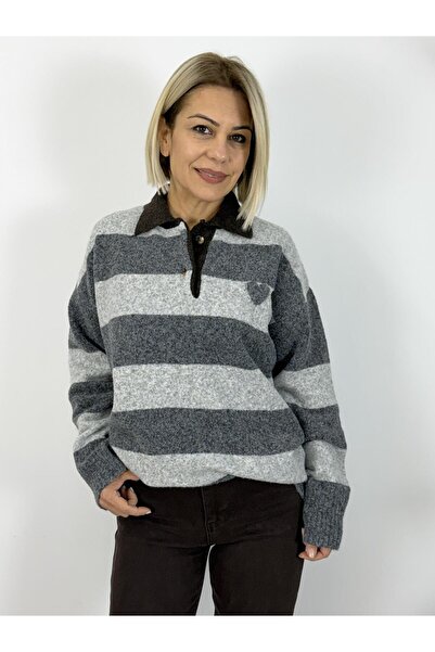 SİSTA MODA Zr95 Polo Collar, Heart Embroidery, Striped Knitwear