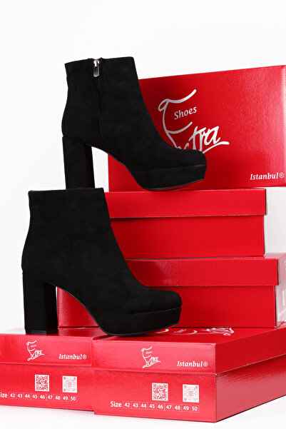 Extra Shoes İstanbul Women's Black Suede Platform Boots with Fur Inside and Z...