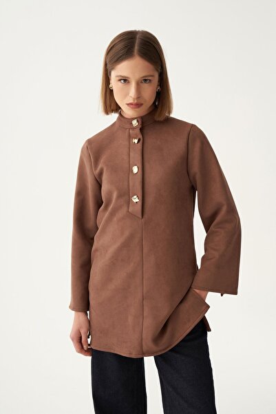 ALLDAY Coffee-Gold Buttoned Suede Tunic