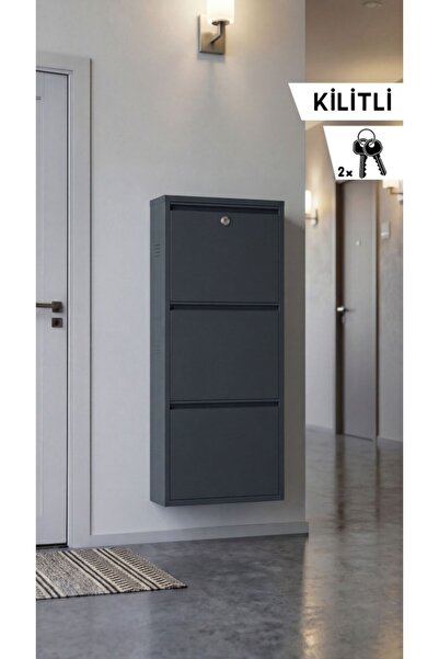 OVROL Kilitli Üçlü Metal Ayakkabılık Antrasit (Yedek Anahtarlı)