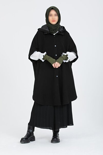ZESA TASARIM Hakim Yakalı Siyah Kışlık Kaşe Panço 90 cm