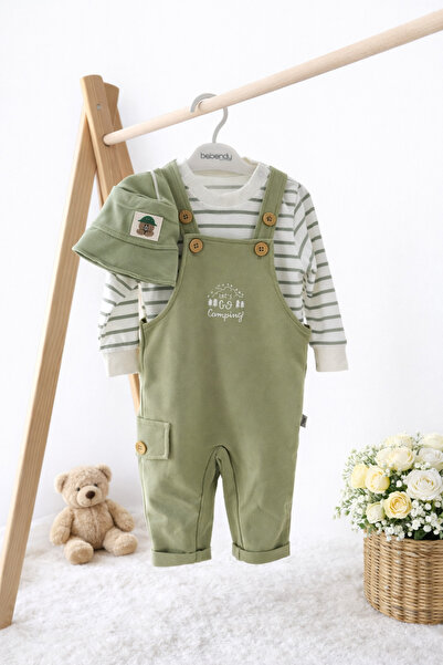 ASİLA Safari Şapkalı Şeritli Sweatshirt 3’lü Erkek Bebek Salopet Takım