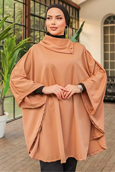 Kanonik Education Stylish Design Beige Shawl Collar Poncho with Button Detail