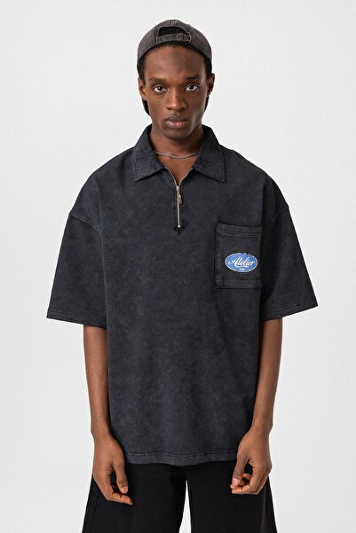 VAMOSCLO Oversize Polo Collar Zipper T-Shirt Black