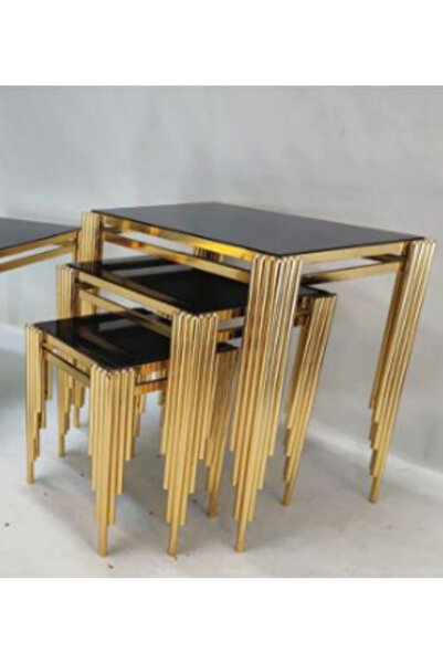 çelsan Kare Sütun 3’lü Zigon Sehpa – Siyah Camlı Kademeli Metal Ayaklı Lüks T...