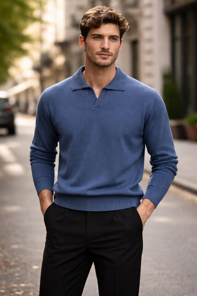 Duuf Men's Standard Fit Polo Collar Knit Sweater