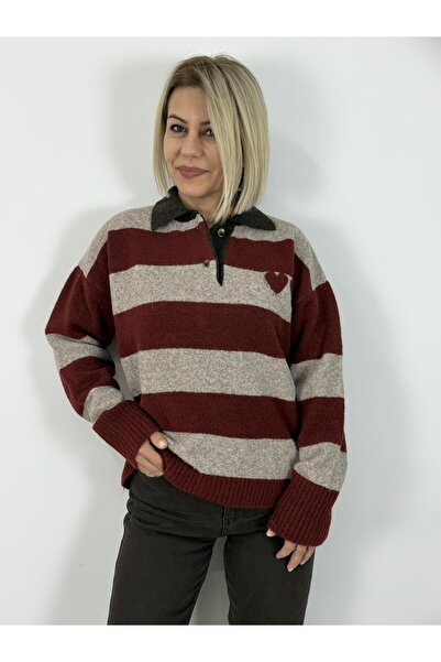 SİSTA MODA Zr95 Polo Collar, Heart Embroidery, Striped Knitwear
