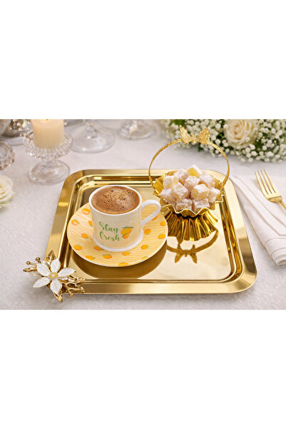 FABRIONA TEK TARAFLI GOLD 6’lı Lüks Paslanmaz Çelik Sunum Tepsisi 22x22 cm Çay Kahve Söz Nişan Sunum Tepsisi