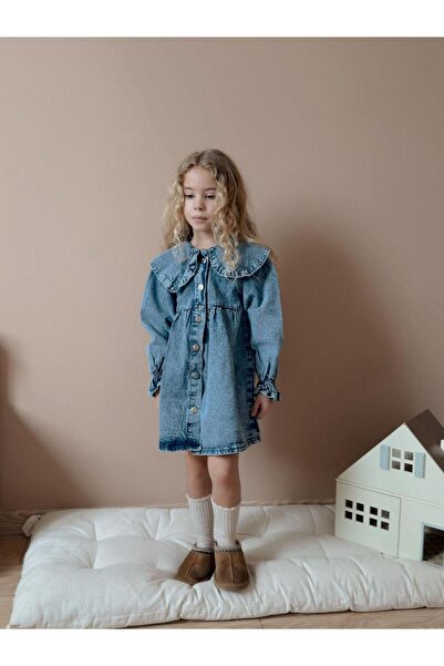Butik KIZ ÇOCUK KOT DENİM ELBİSE 3-10 YAŞ ARALIĞI YAKA DETAYLI