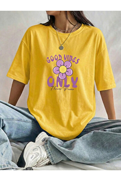 BUWOM Γυναικεία μπλούζα Good Vibes Only με φλοράλ στάμπα και λαιμόκοψη ποδηλάτου