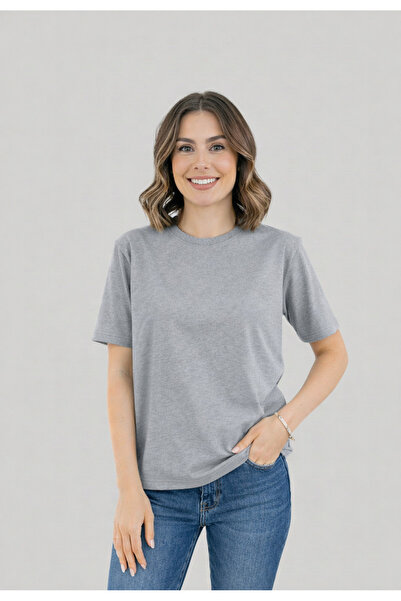 Sibel Günay Butik Women's Crew Neck 100% Cotton Gray Basic Casual T-Shirt