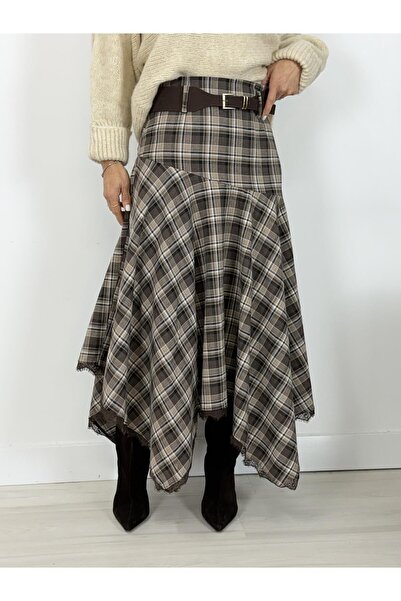 SİSTA MODA 7198 Plaid, Belted, Straight Cut Skirt