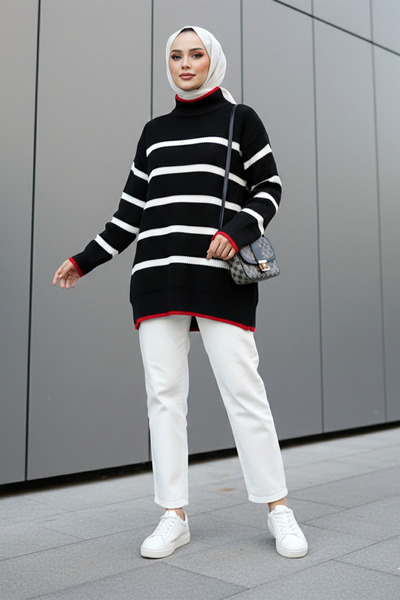 MODAQU High-Necked Striped Thessaloniki Woven Knitwear Tunic - Black