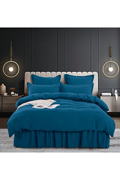 Inovius Luxury Linen Ruffles for Double Bed Fine Cotton, Dark Blue-JO459