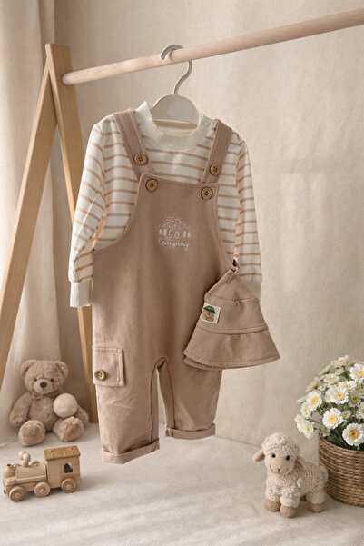 ASİLA Safari Şapkalı Şeritli Sweatshirt 3’lü Erkek Bebek Salopet Takım