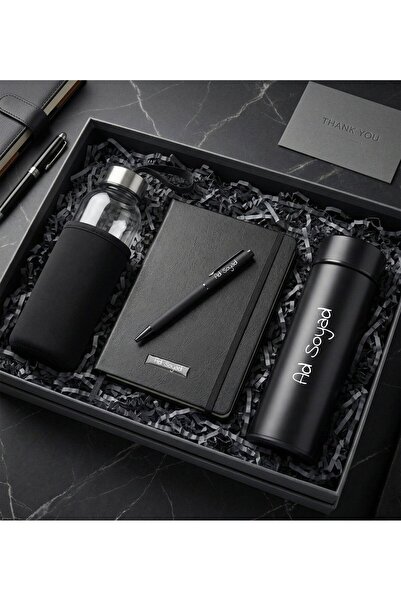 Kişiye Özel Dereceli Termos & Kılıflı Cam Matara & Siyah Defter & Roller Kalem Premium Ofis Hediye S
