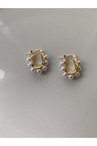 Anetta Jewelry Kadın altın renk top inci detaylı Çelik kararmaz halka küpe