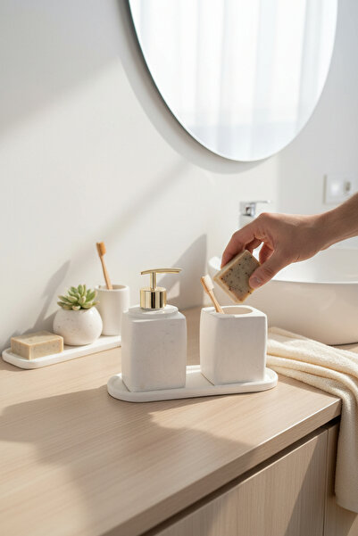 TırtılStore Mermer Desen Beton Yapımı Banyo Seti Sıvı Sabunluk Diş Fırçalığı ...