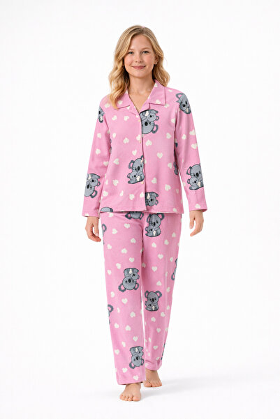 Free Beka Pink Koala Patterned Long Sleeve Button Front Shirt Collar Mother Daughter Pajama Set Combination