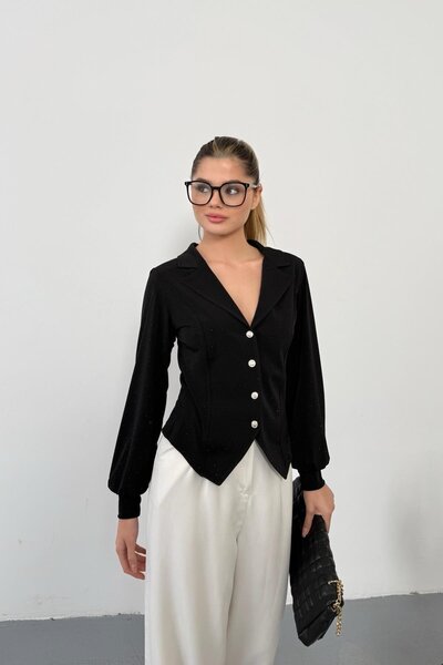 RB CLUB Bluză neagră cu guler, cu detalii de prelucrare a pietrei