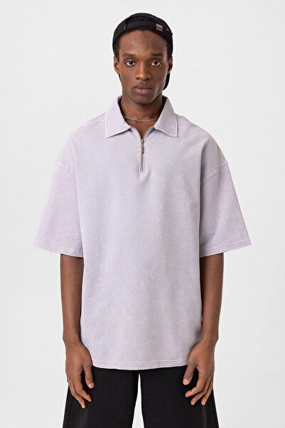 VAMOSCLO Polo collar oversize washed t-shirt dyeing gray