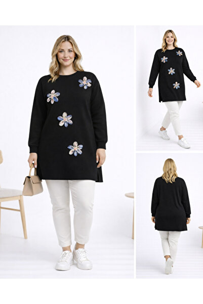 Birol Triko Women's Black Slit Floral Accessory Tunic