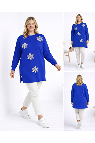 Birol Triko Women's Saks Blue Slit Floral Accessory Tunic