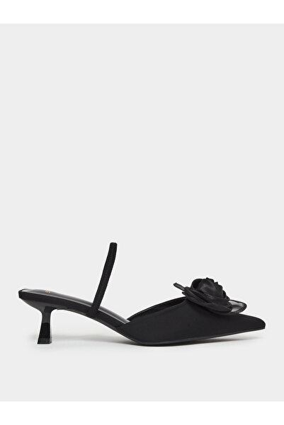 Styli Black Satin Shoes with Floral Detail