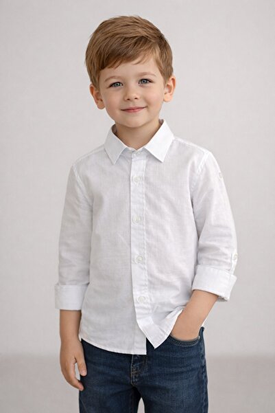 Nacar Erkek Çocuk 23 Nisan Gösteri Kolu Katlamalı Comfort Keten Gömlek